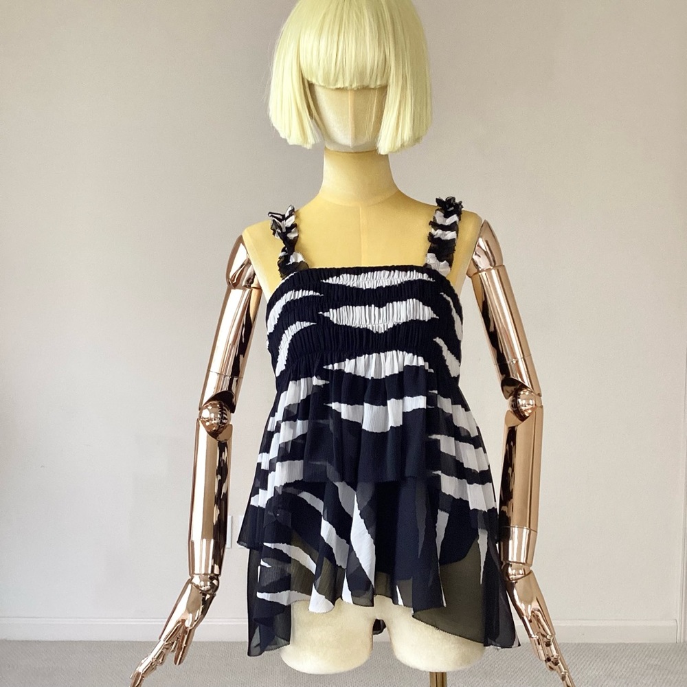 Tory Burch Lucia Black/ White Zebra stripes Ruffle Straps SZ 4